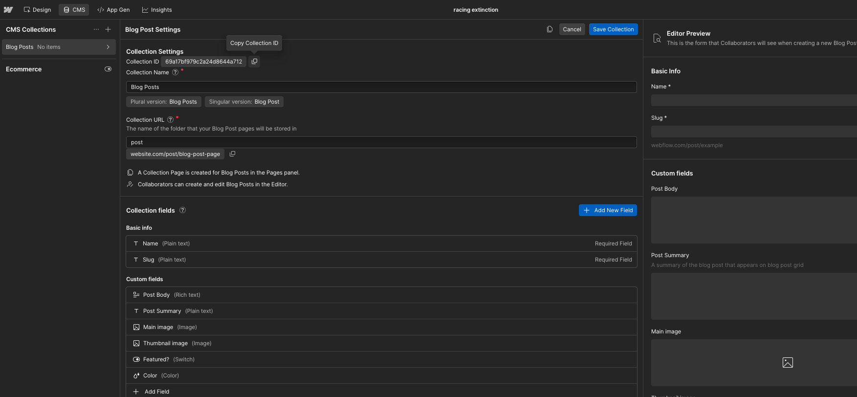 Webflow CMS Collection Settings — the Collection ID is at the top of the panel