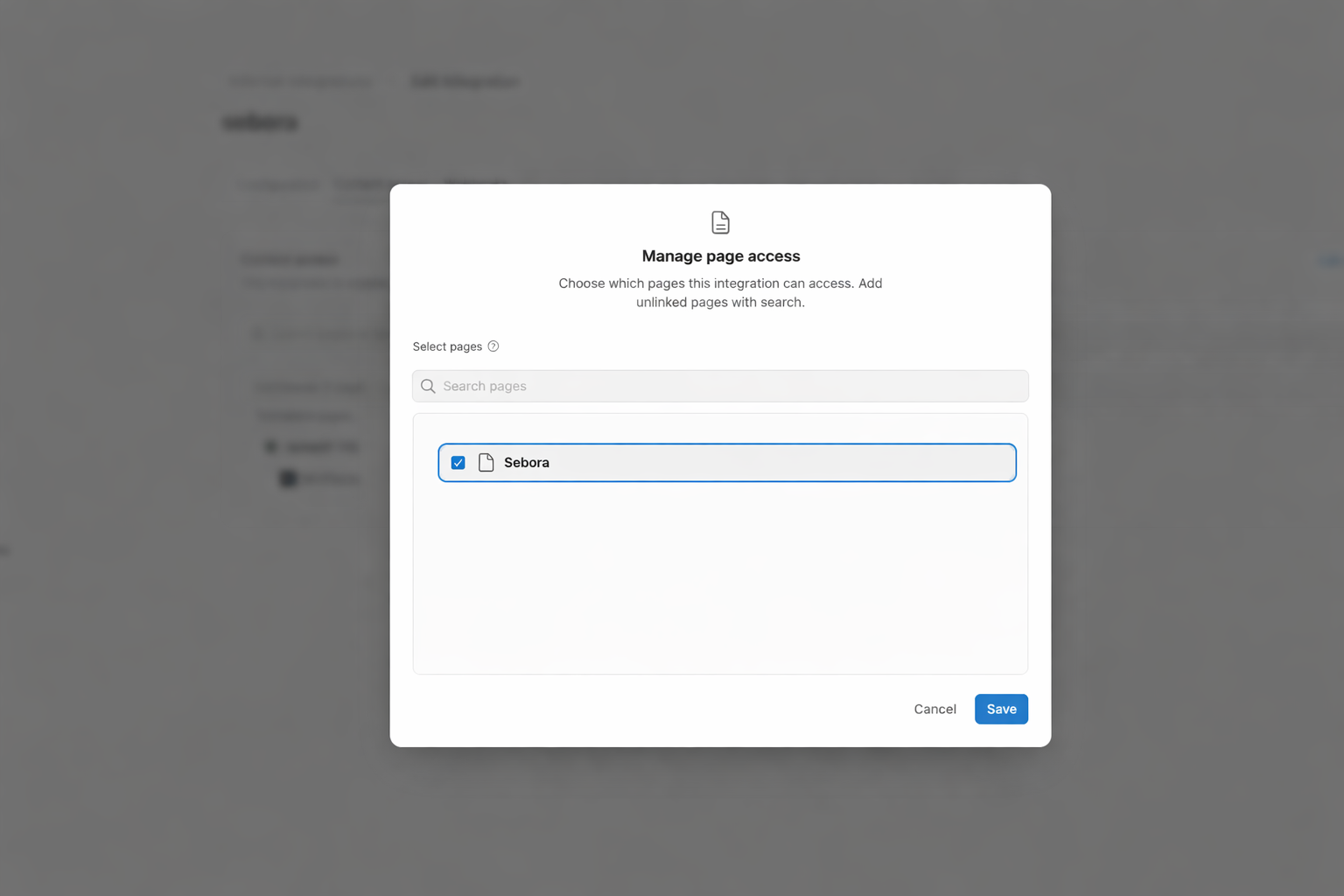 Granting page access to the Sebora integration