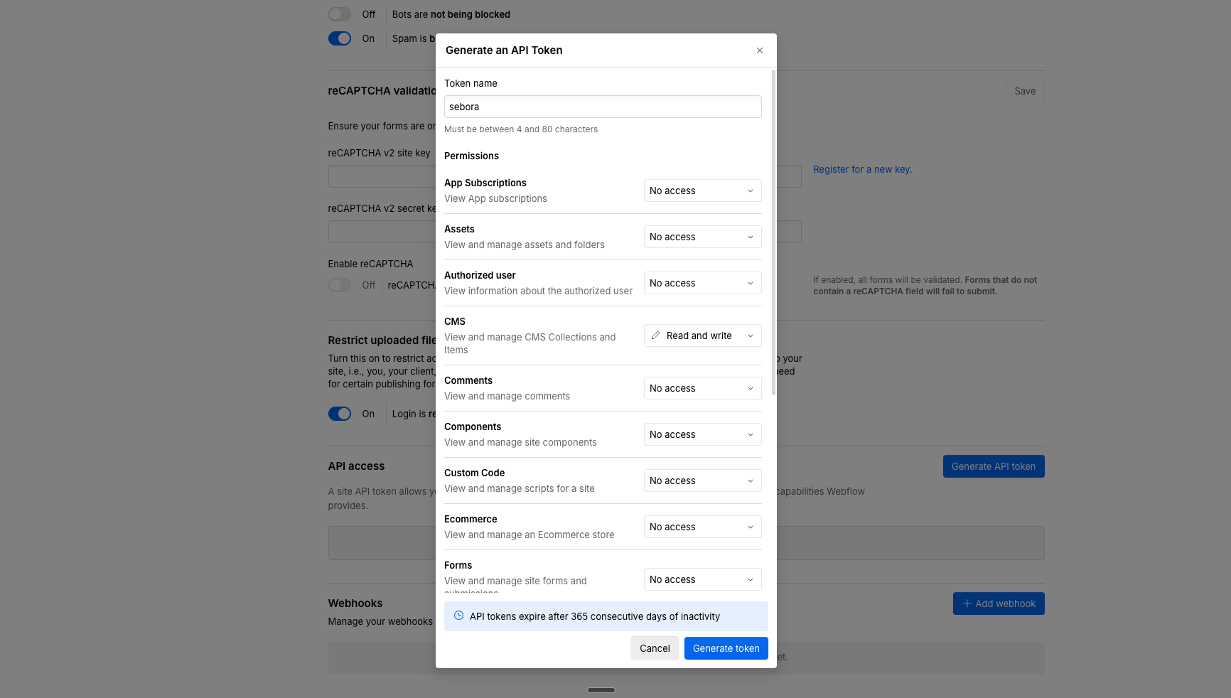 Webflow API Token generation dialog — set CMS permission to "Read and write"